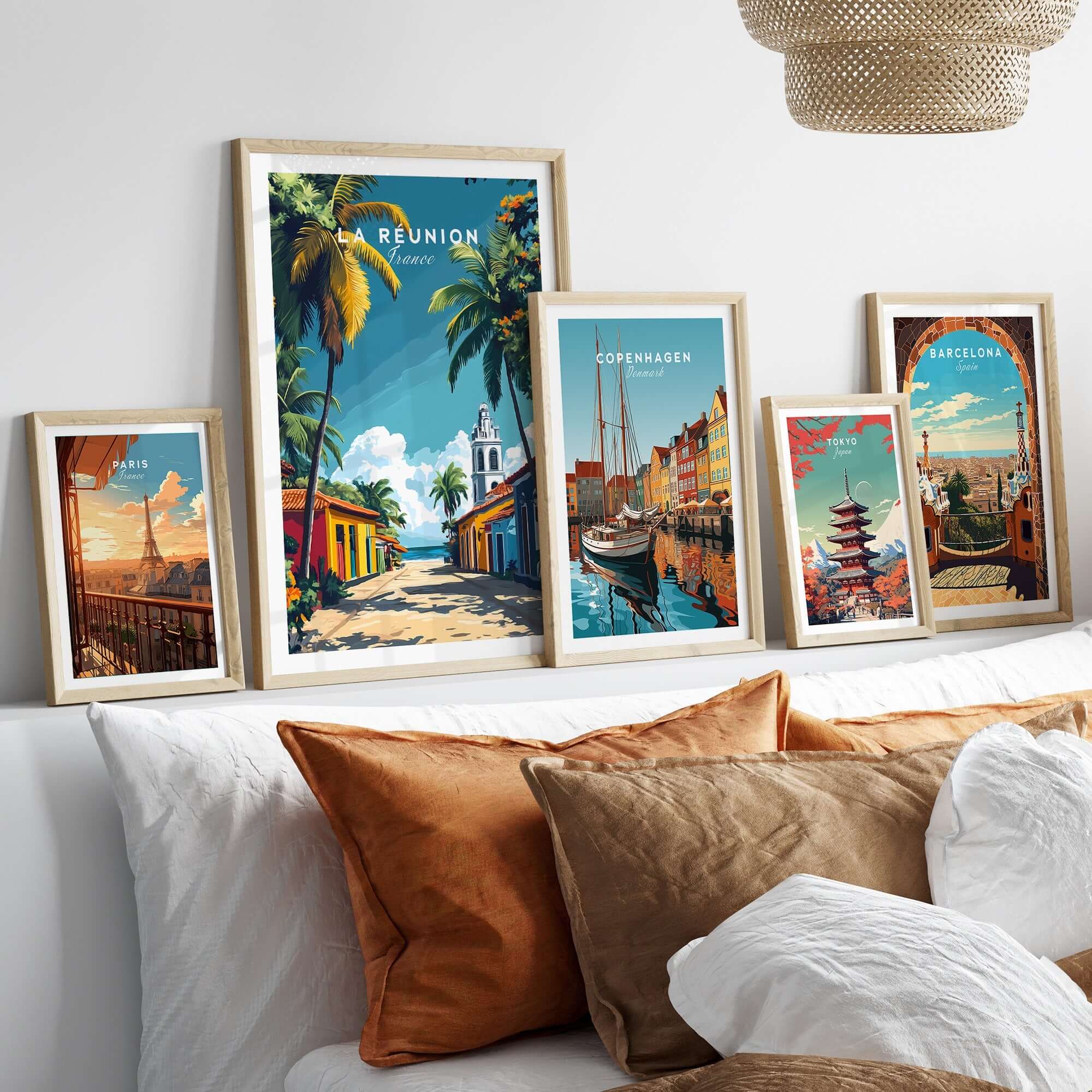Réunion Island Wall Art Print and travel posters displayed in a stylish living room decor arrangement