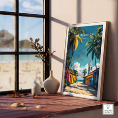 Réunion Island Wall Art Print showcasing vibrant colors and tropical scenery in a sunny interior setting.