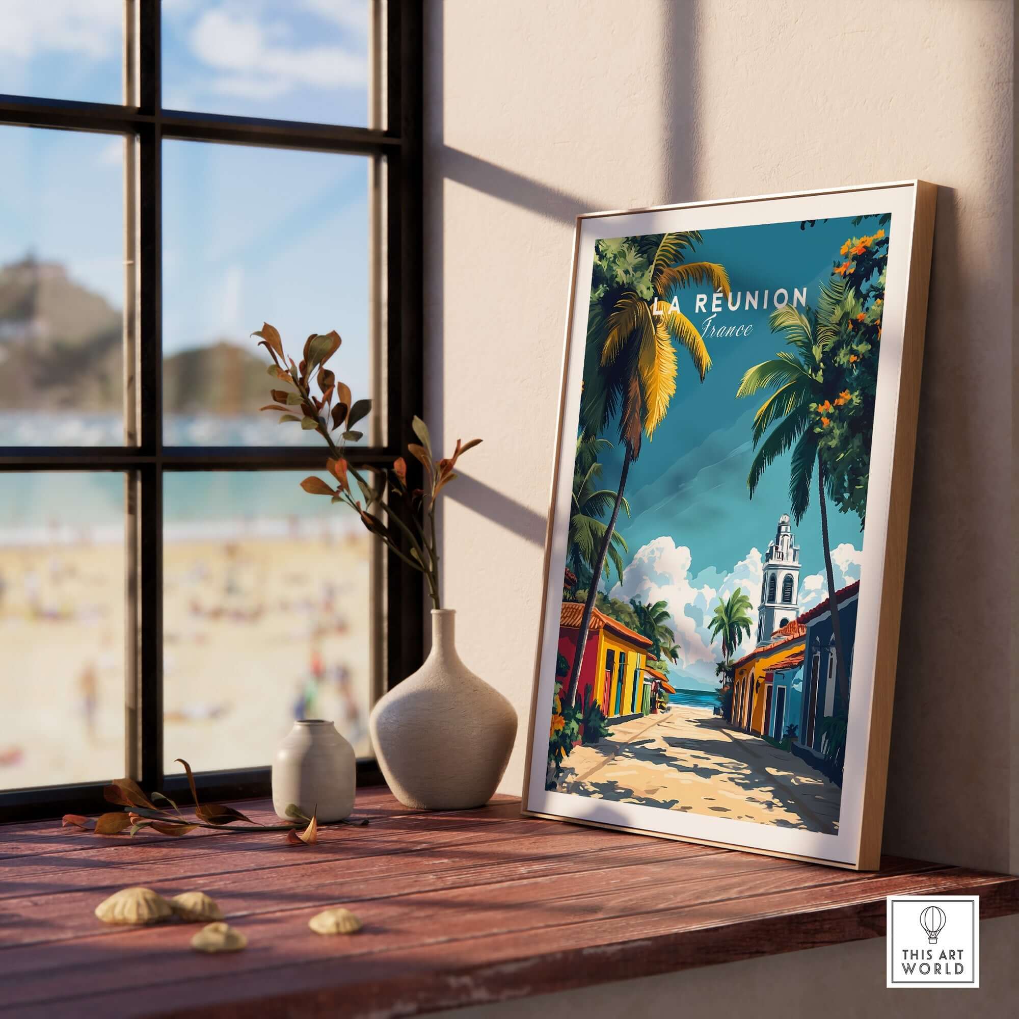 Réunion Island Wall Art Print showcasing vibrant colors and tropical scenery in a sunny interior setting.