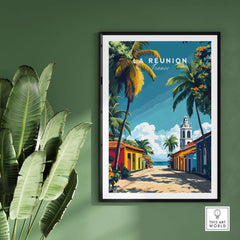 Réunion Island Wall Art Print featuring vibrant colors and a picturesque street scene.
