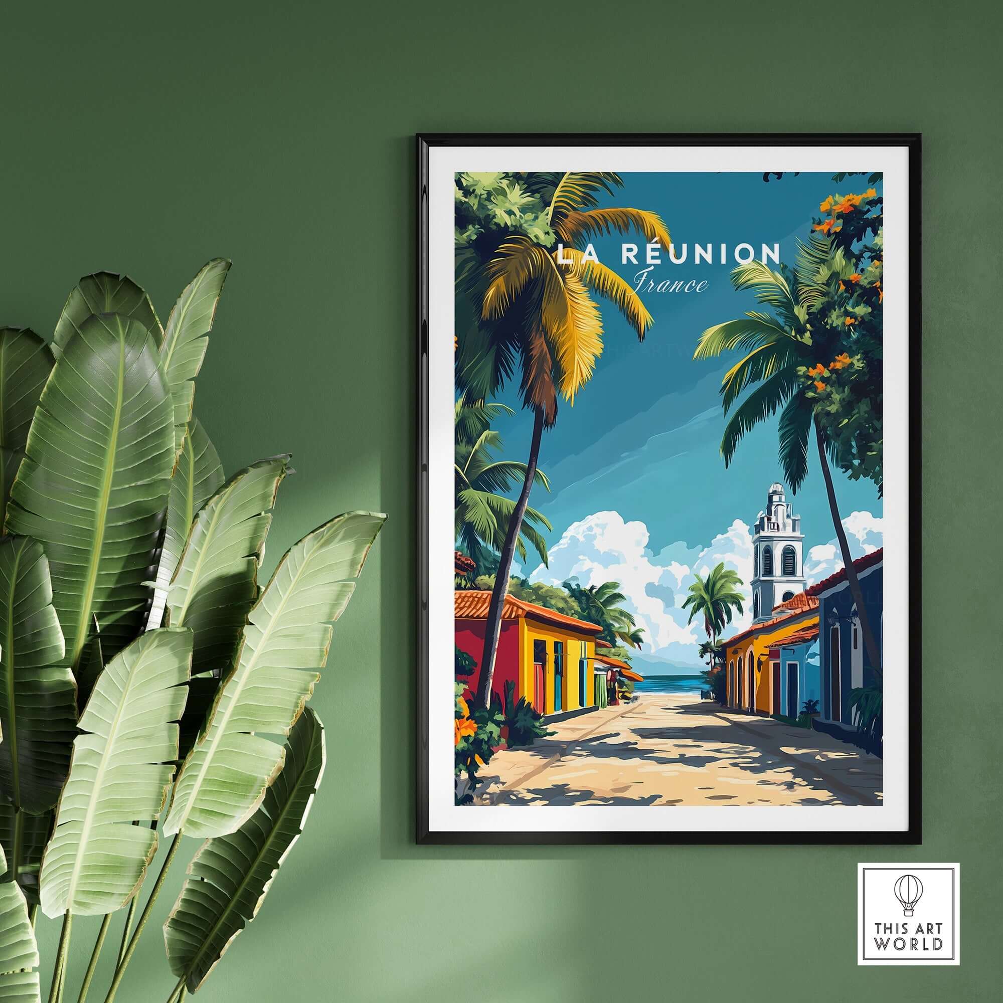 Réunion Island Wall Art Print featuring vibrant colors and a picturesque street scene.