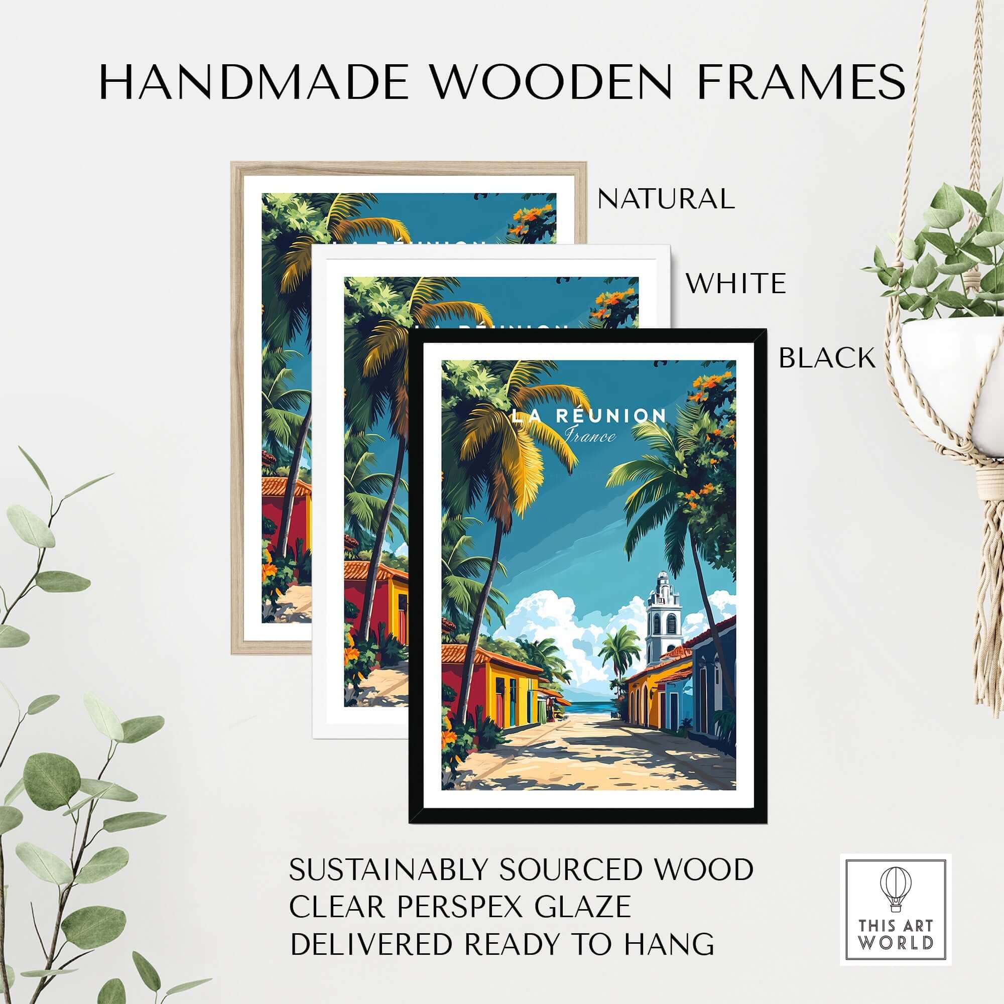 Réunion Island Wall Art Print in handmade wooden frames, natural, white, and black, with sustainable wood and clear perspex glaze.