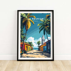 Réunion Island Wall Art Print showcasing vibrant colors and tropical scenery in a stylish frame.