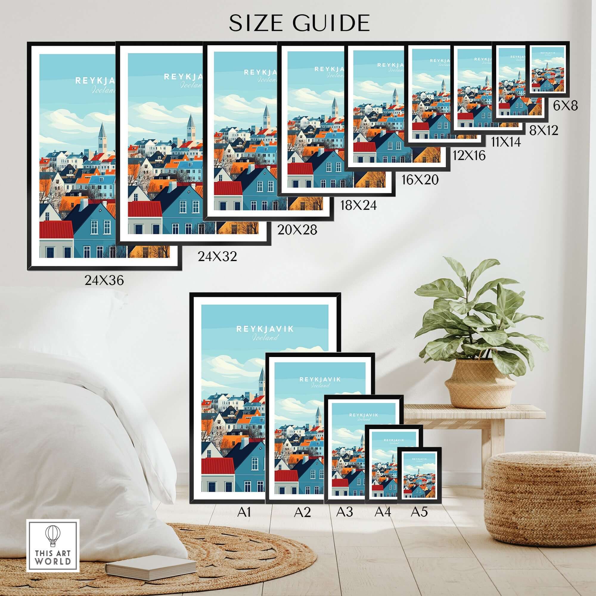 Reykjavik Travel Print size guide displaying various frame sizes on a stylish living room wall.