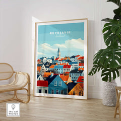 Reykjavik Travel Print showcasing colorful houses and iconic skyline of Reykjavik, Iceland in a stylish interior setting.