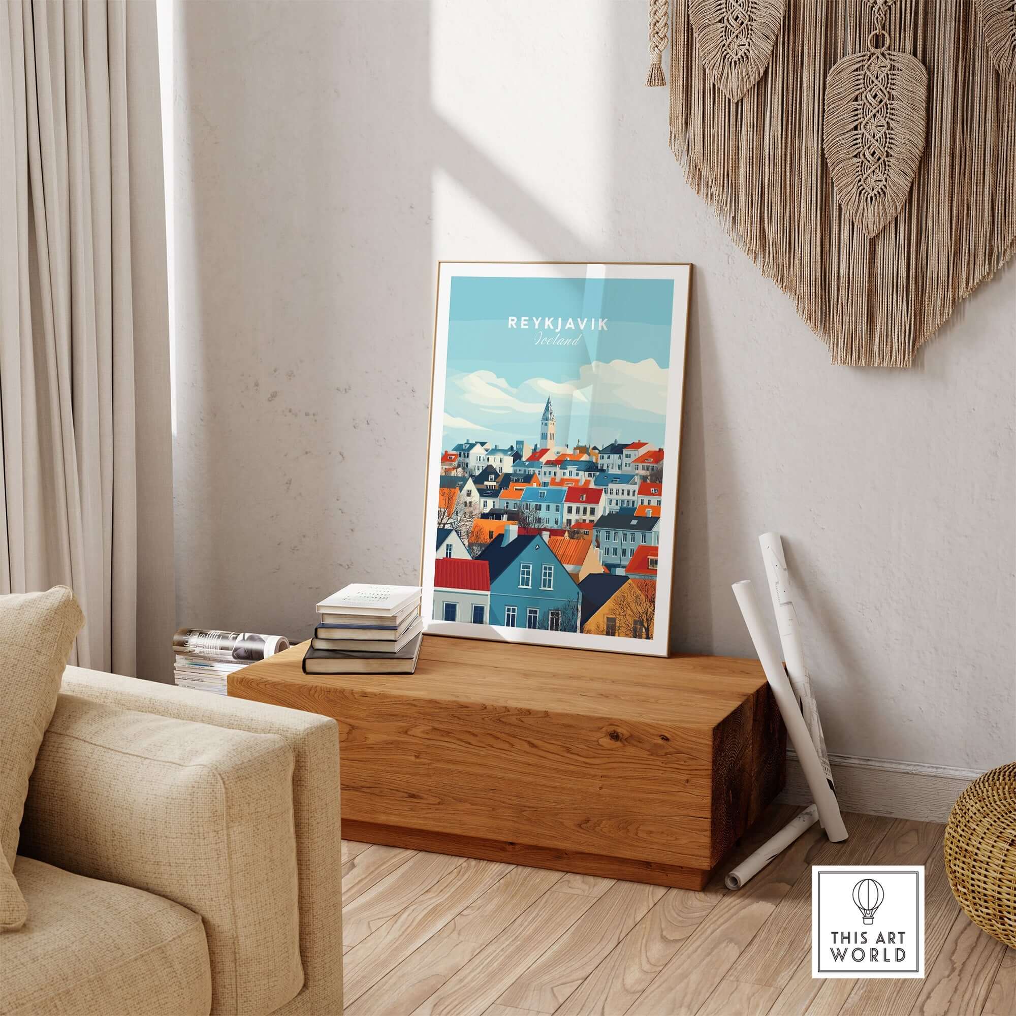 Reykjavik Travel Print showcasing colorful rooftops and iconic landmarks in a stylish interior setting.