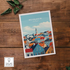 Reykjavik Travel Print showcasing colorful houses and iconic skyline of Iceland's capital city.
