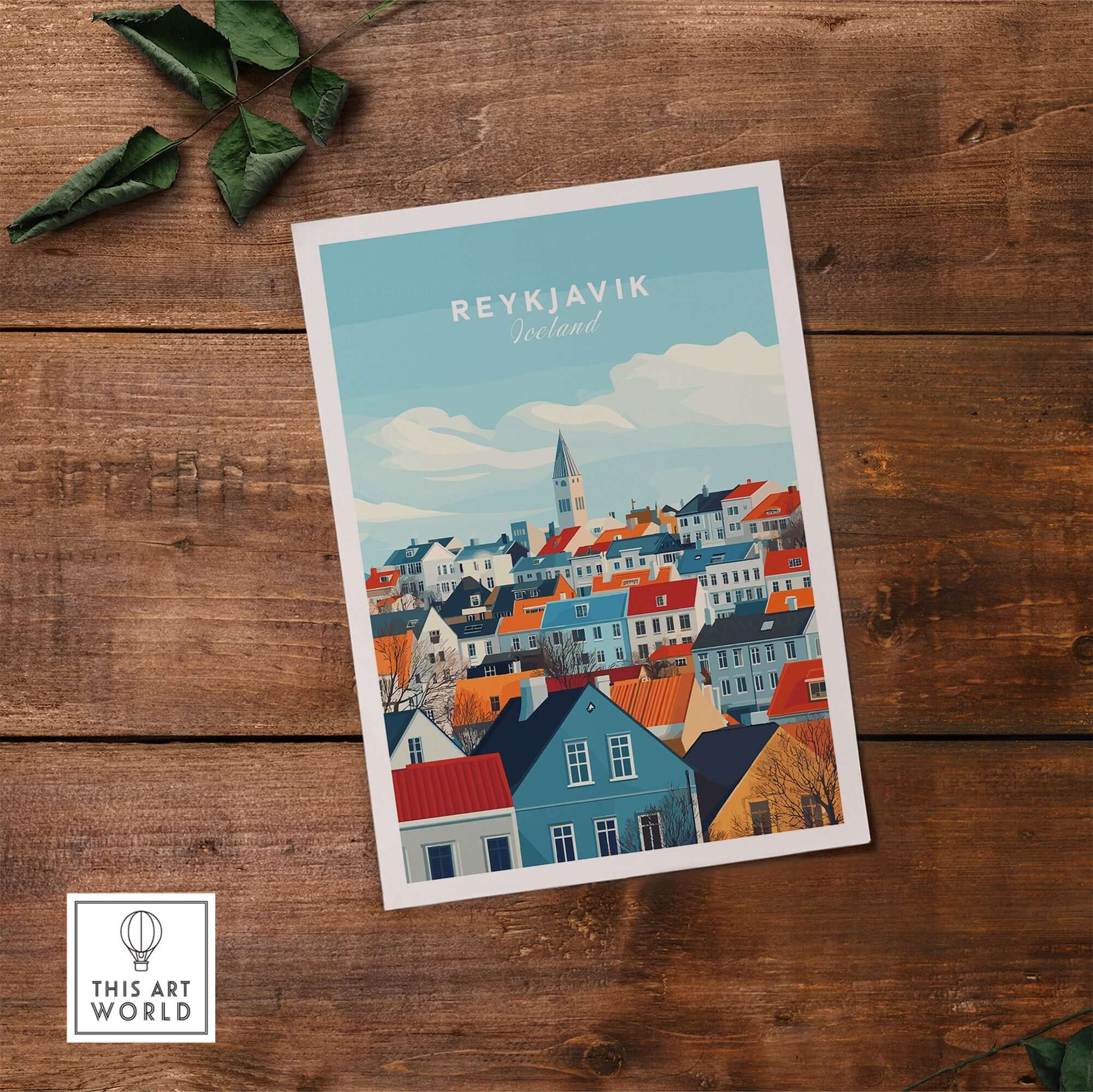 Reykjavik Travel Print showcasing colorful houses and iconic skyline of Iceland's capital city.