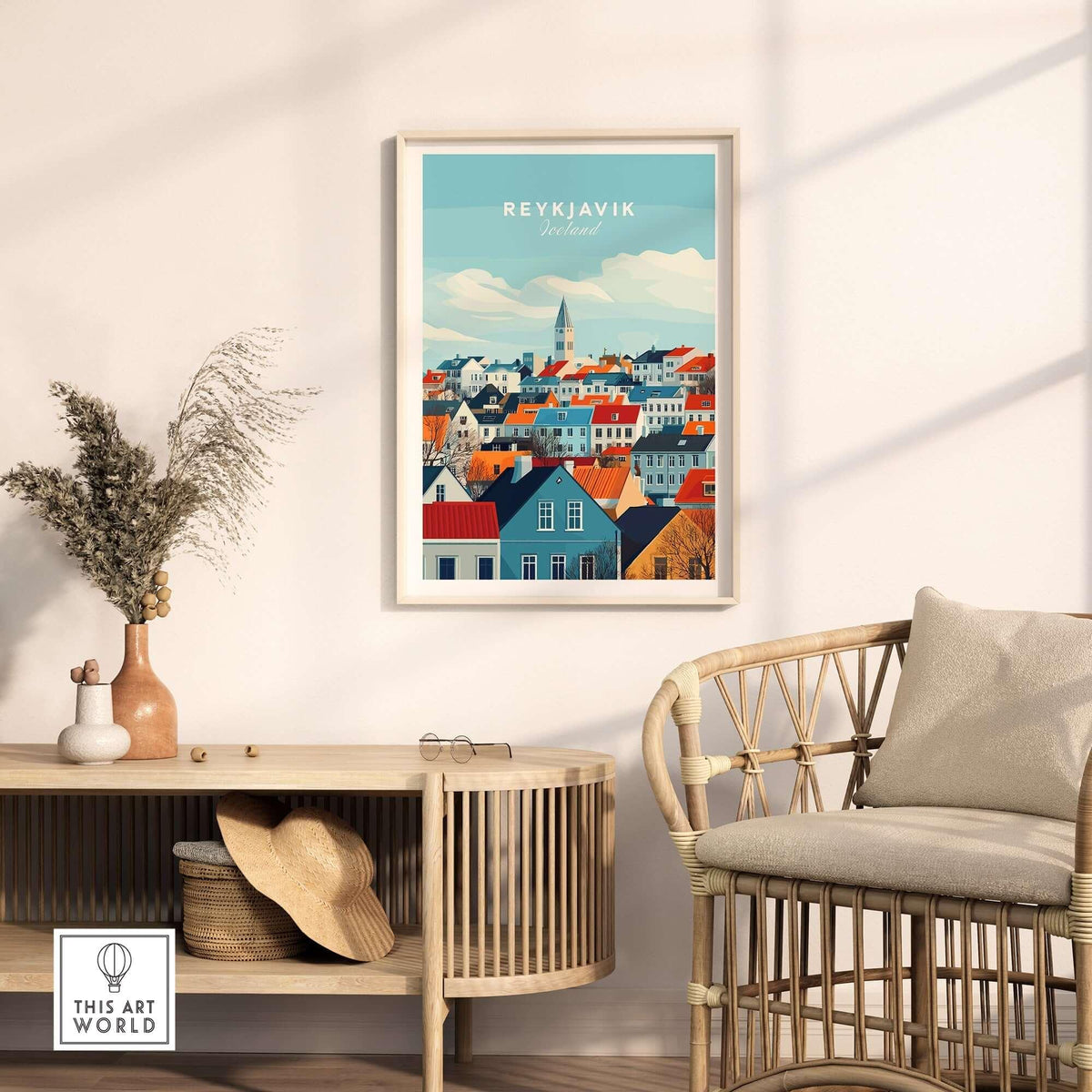 Reykjavik Travel Print showcasing the colorful rooftops and iconic skyline of Reykjavik in a stylish interior setting.