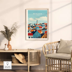 Reykjavik Travel Print showcasing the colorful rooftops and iconic skyline of Reykjavik in a stylish interior setting.