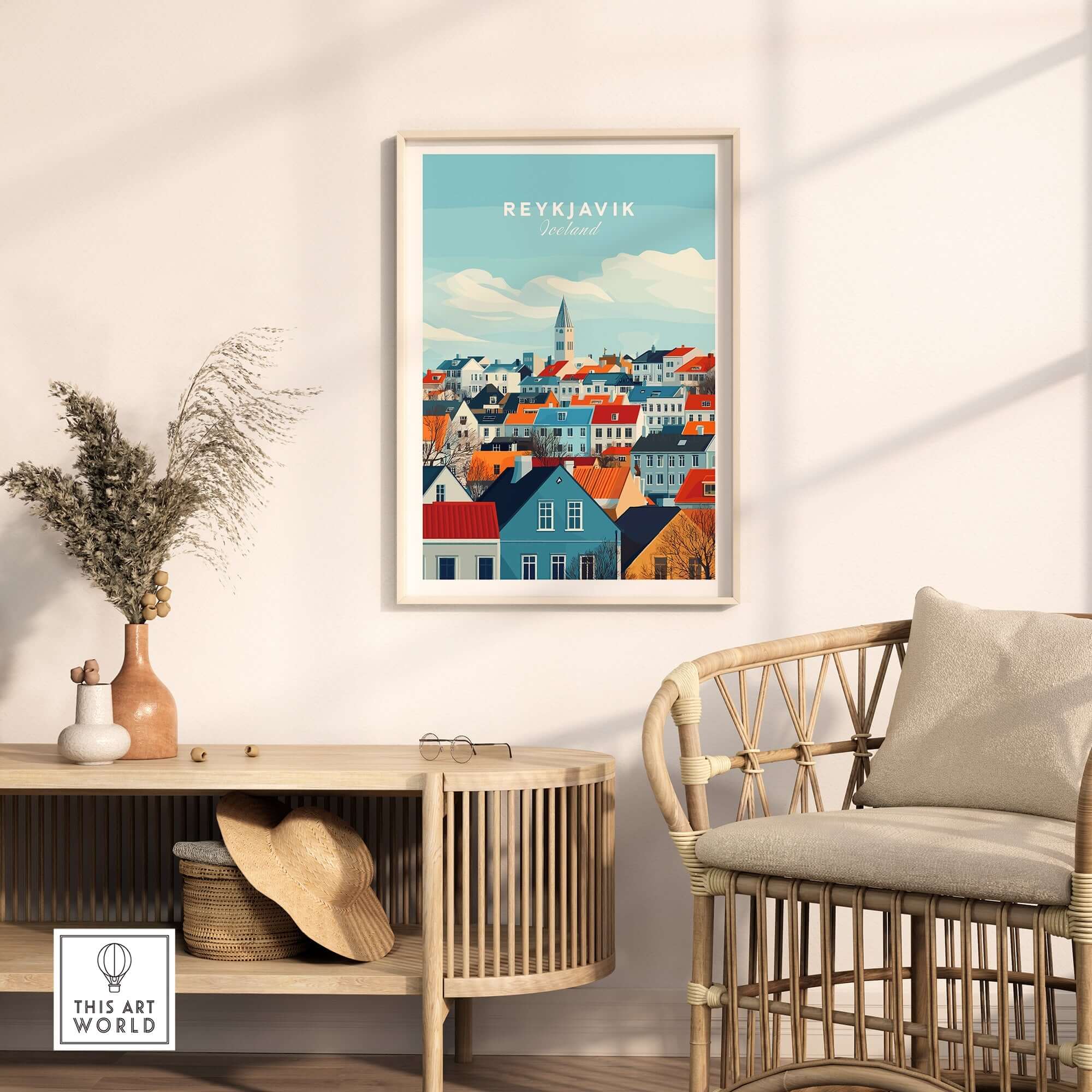 Reykjavik Travel Print showcasing the colorful rooftops and iconic skyline of Reykjavik in a stylish interior setting.