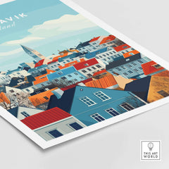 Reykjavik Travel Print depicting colorful houses and iconic landmarks of Iceland's capital city.