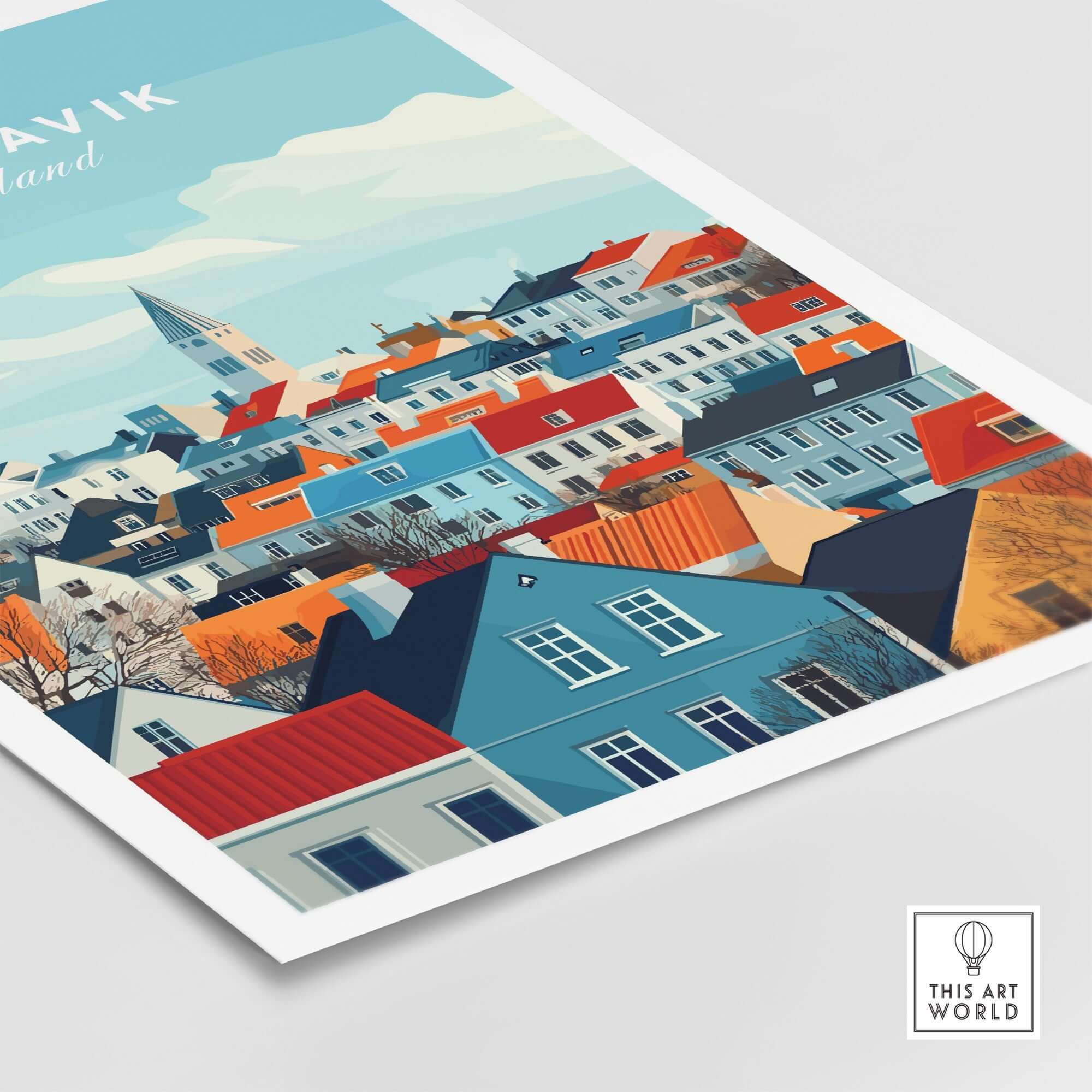 Reykjavik Travel Print depicting colorful houses and iconic landmarks of Iceland's capital city.