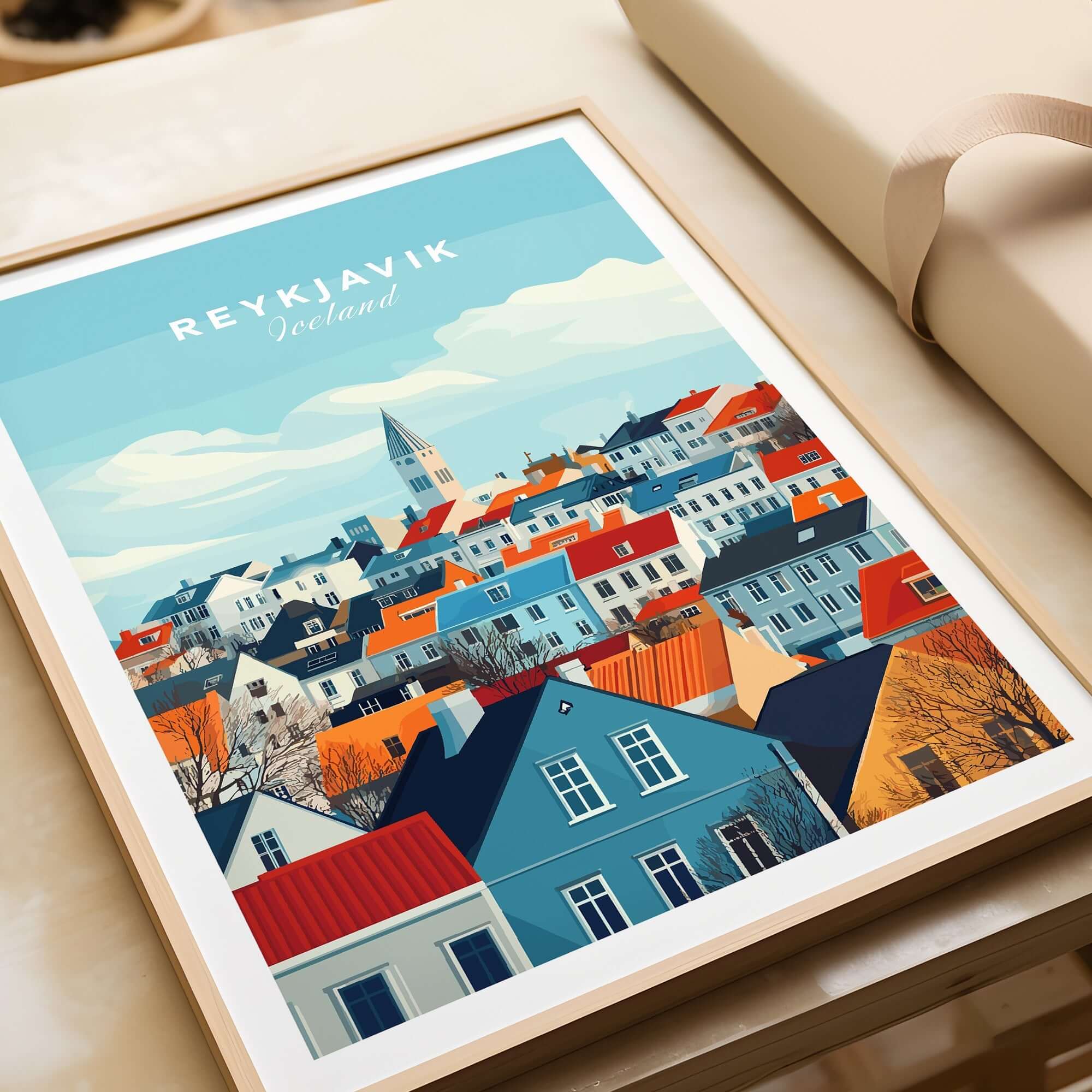 Reykjavik Travel Print featuring colorful houses and iconic skyline of Reykjavik, Iceland.