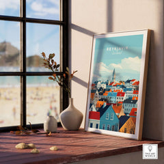 Reykjavik Travel Print showcasing colorful houses and mountains in Iceland's capital, perfect for home decor.
