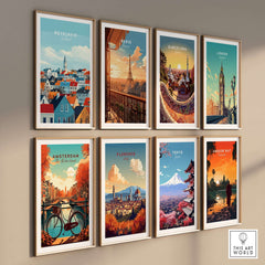 Reykjavik Travel Print and other iconic city travel prints displayed on a wall, showcasing global landmarks.