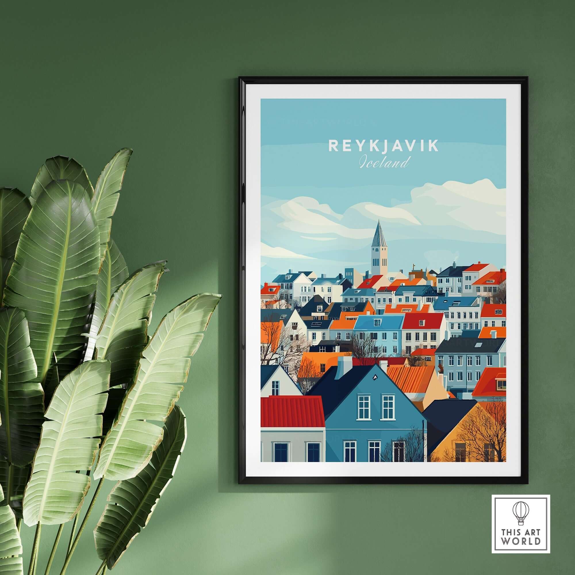 Reykjavik Travel Print showcasing colorful houses and iconic landmarks of Iceland's capital city.