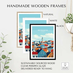 Handmade wooden frames in natural, white, and black for Reykjavik Travel Print, made with sustainably sourced wood.