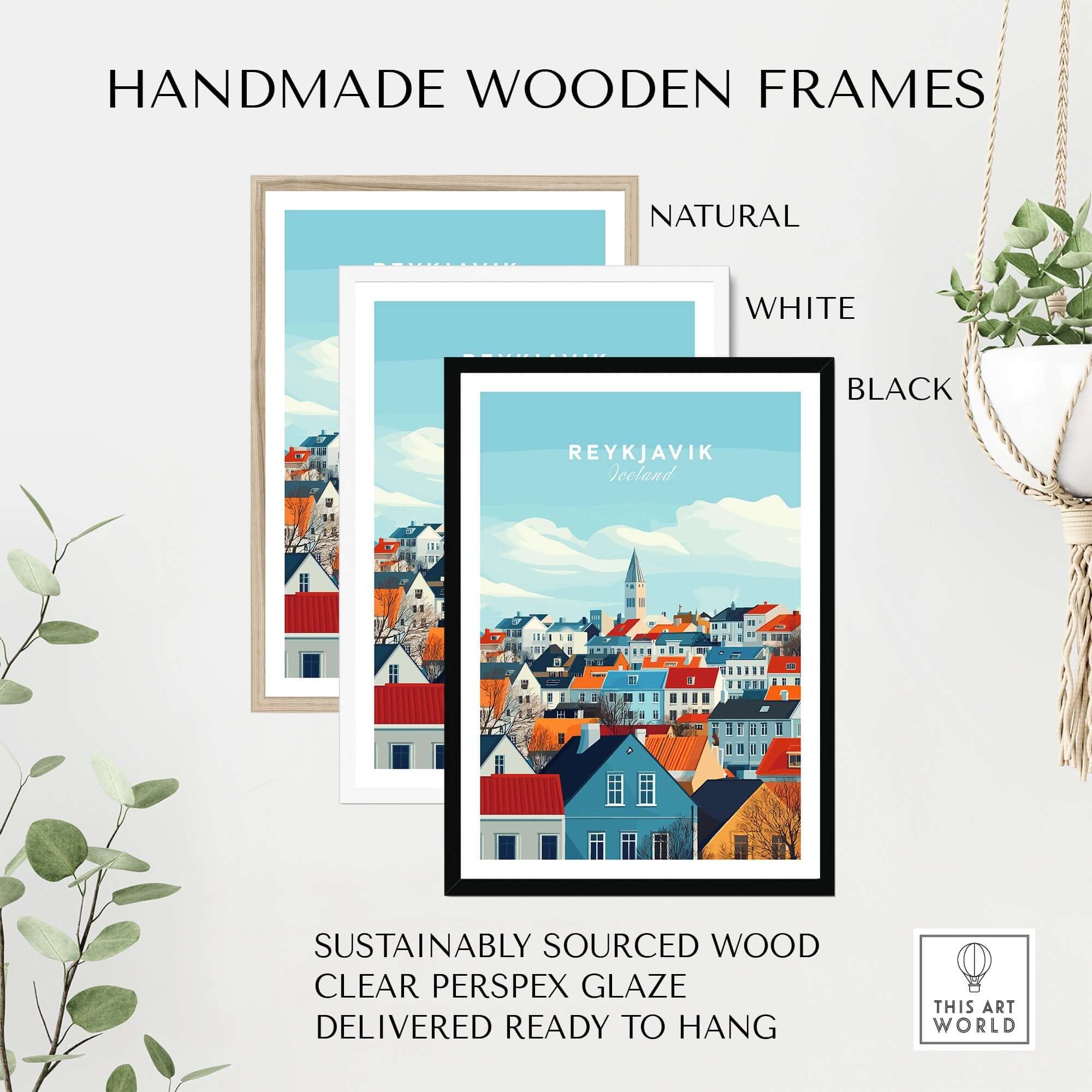 Handmade wooden frames in natural, white, and black for Reykjavik Travel Print, made with sustainably sourced wood.