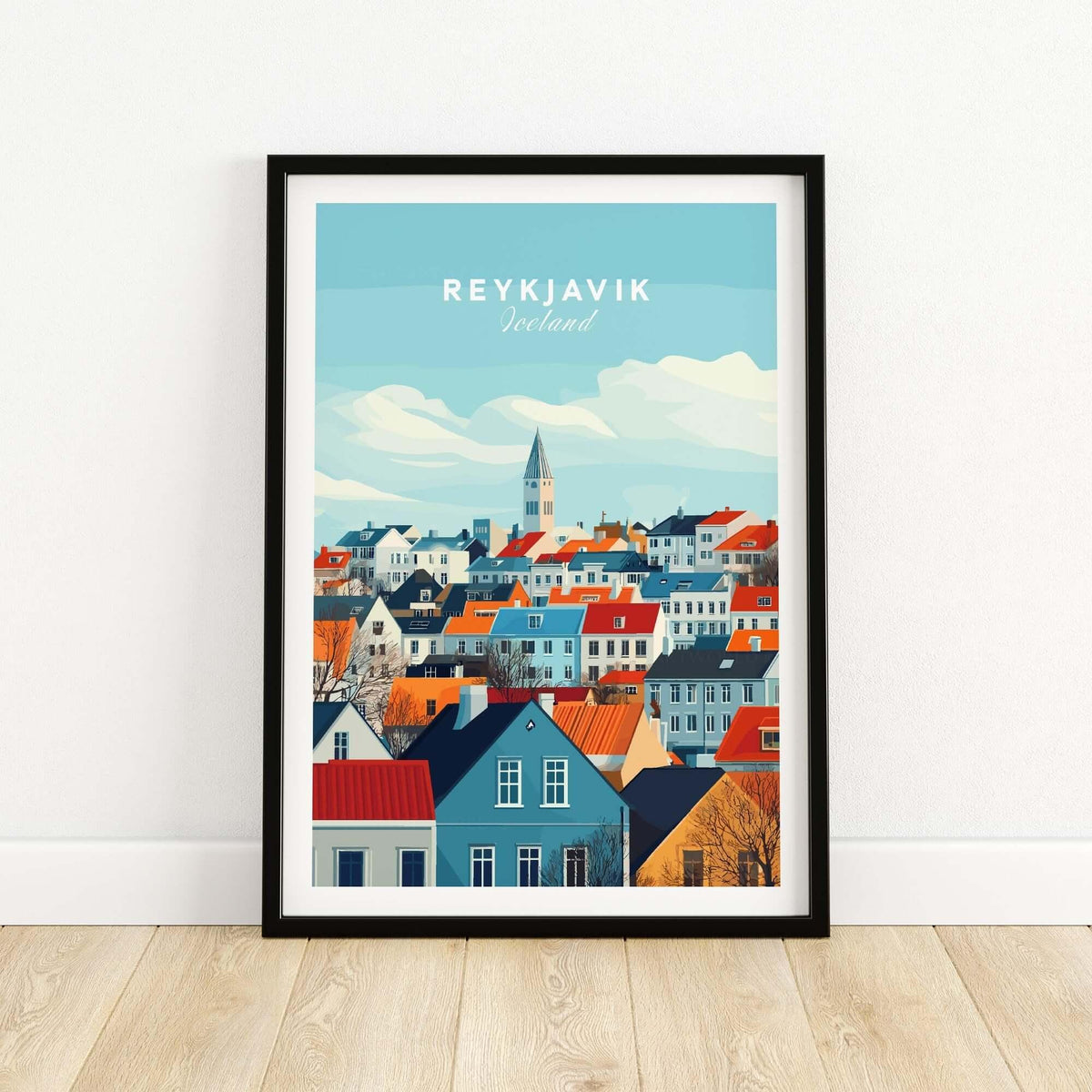 Reykjavik Travel Print featuring a colorful depiction of Reykjavik's skyline and iconic architecture.