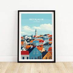 Reykjavik Travel Print featuring a colorful depiction of Reykjavik's skyline and iconic architecture.