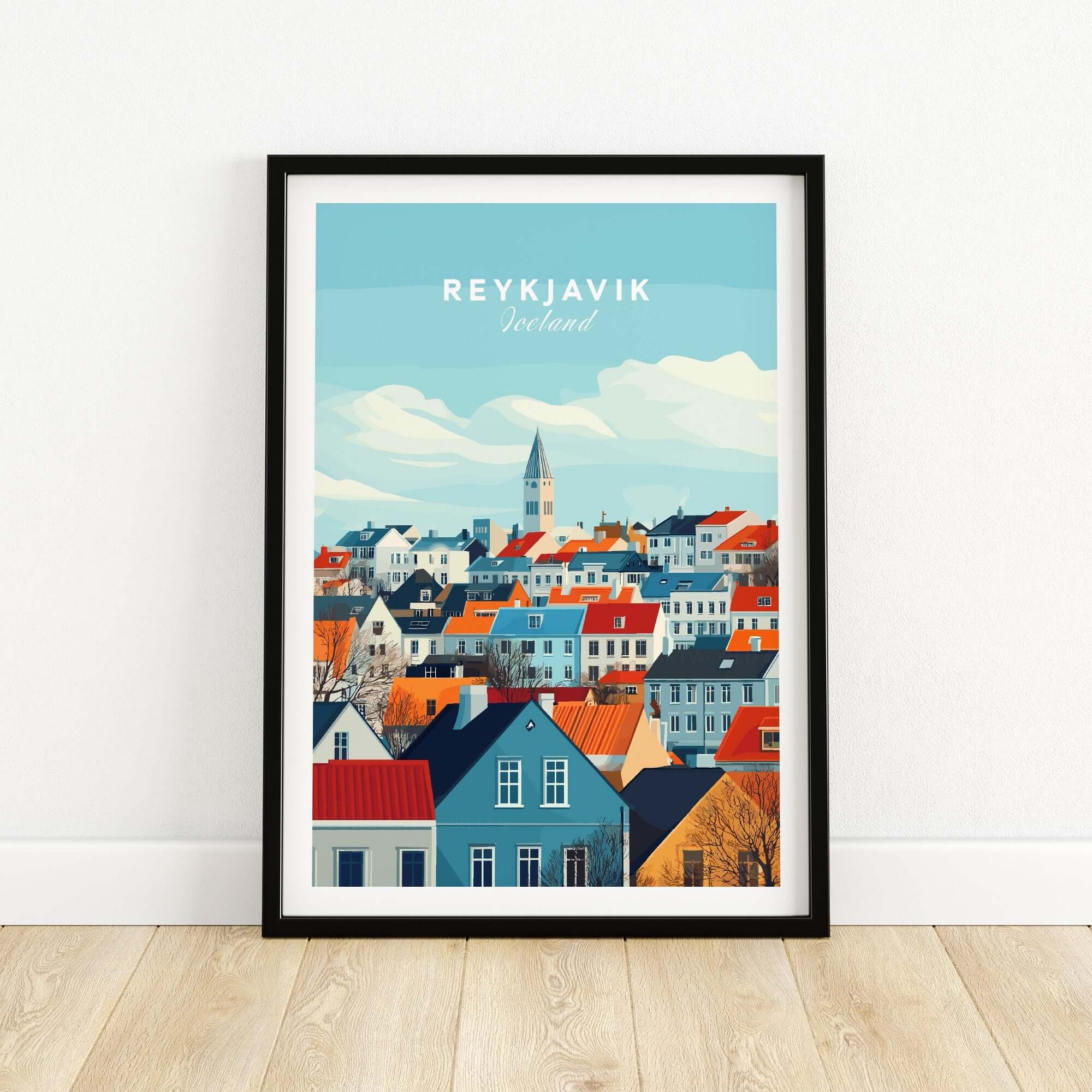 Reykjavik Travel Print featuring a colorful depiction of Reykjavik's skyline and iconic architecture.