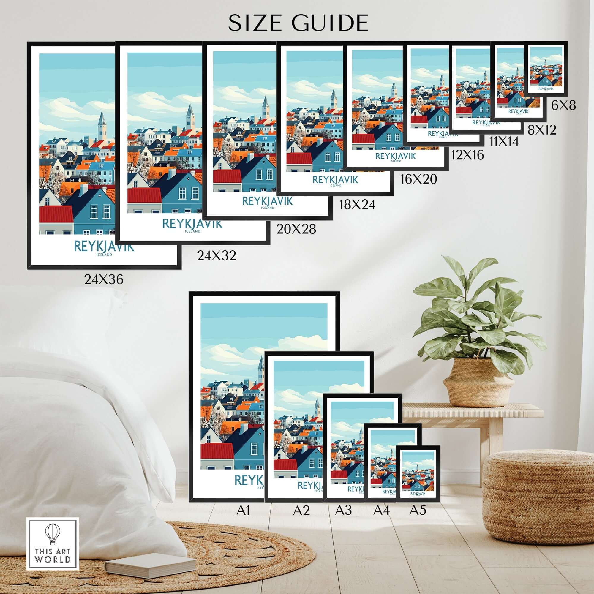 Reykjavik Wall Art Print size guide showcasing various frame sizes and vibrant Reykjavik cityscape.