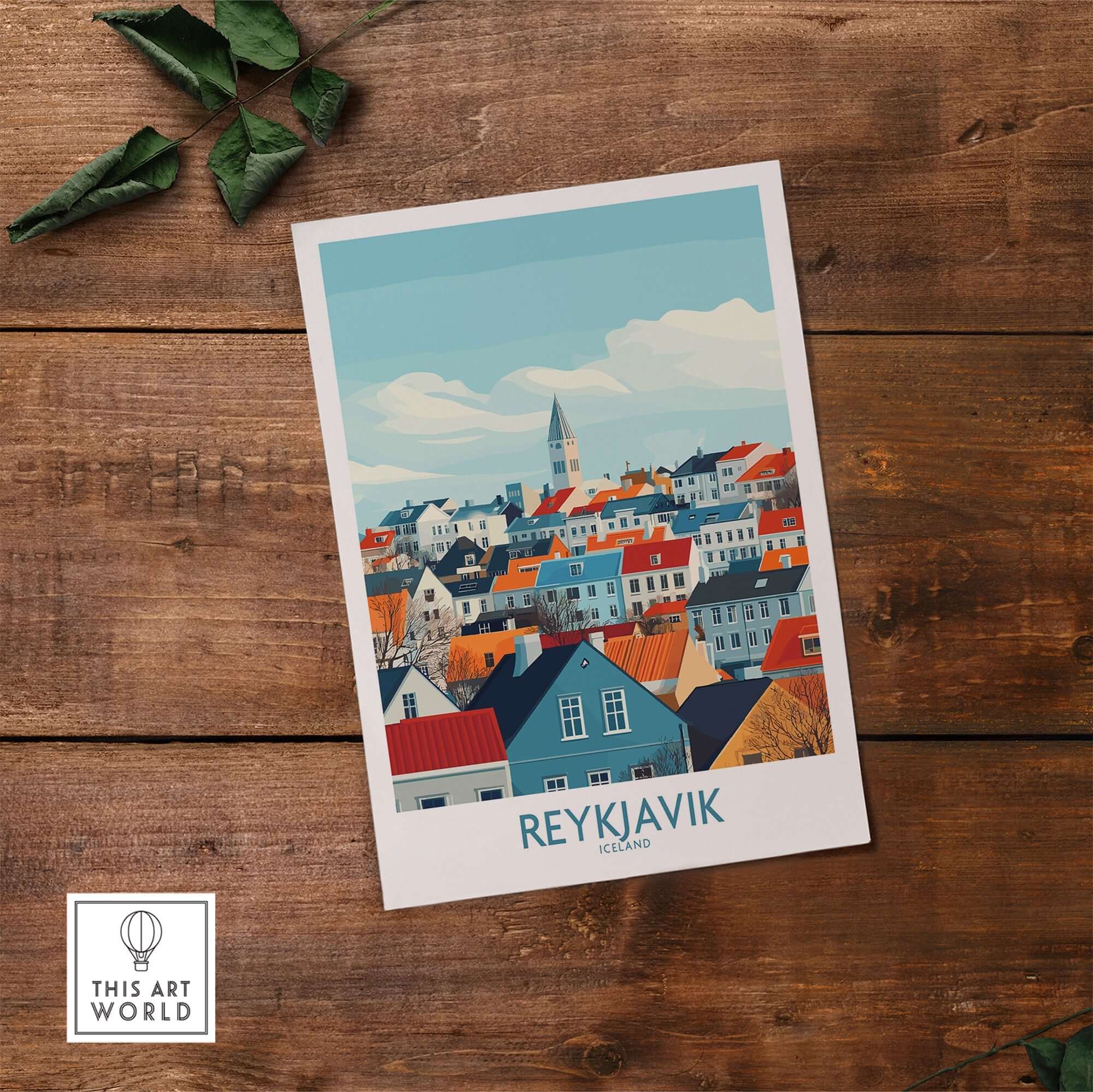 Reykjavik Wall Art Print featuring vibrant illustrations of Iceland's capital city.
