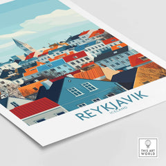 Reykjavik Wall Art Print featuring colorful rooftops and iconic buildings of Iceland's capital.