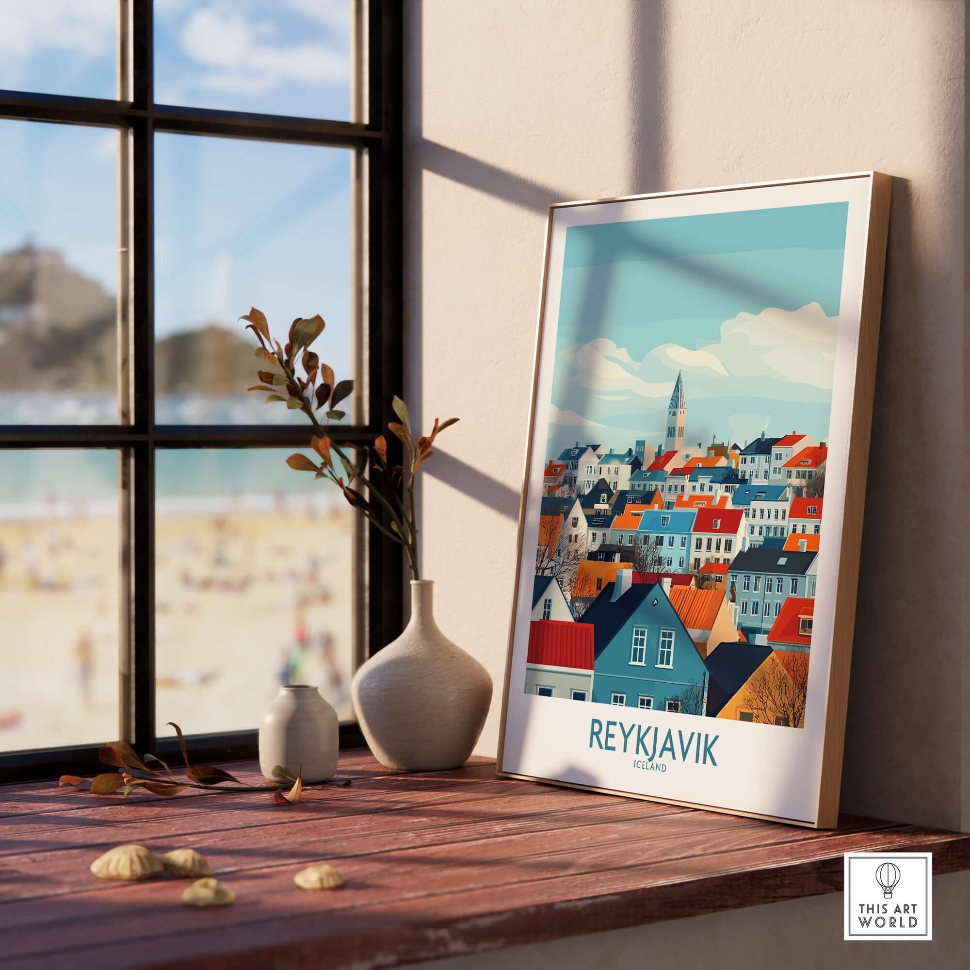 Reykjavik Wall Art Print displayed on a table with vibrant colors depicting the historic streets of Reykjavik, Iceland.