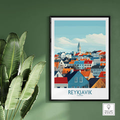 Reykjavik Wall Art Print showcasing the colorful buildings of Reykjavik, Iceland against a blue sky.