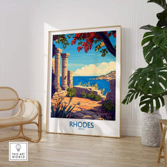 Rhodes Poster Greece showcasing stunning scenery of the island with vibrant colors and historic architecture.
