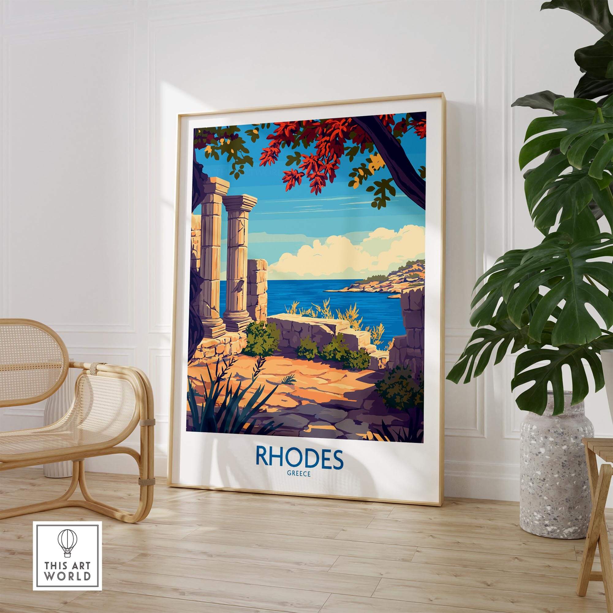 Rhodes Poster Greece showcasing stunning scenery of the island with vibrant colors and historic architecture.