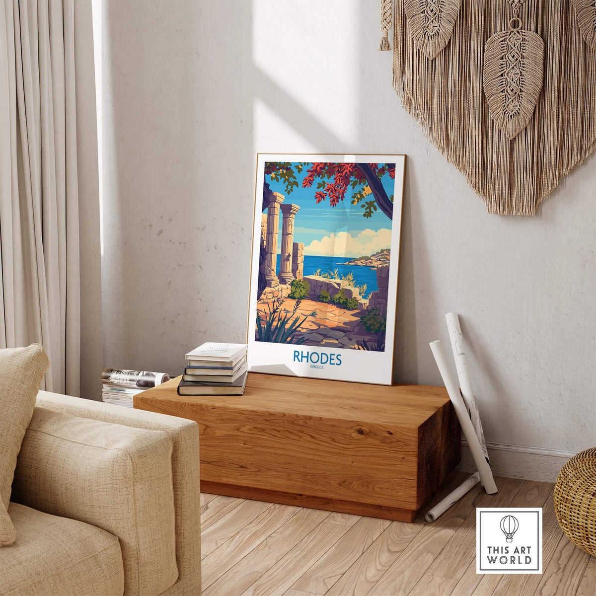Rhodes Poster Greece displayed in cozy living room with natural decor and scenic view of Rhodes island.