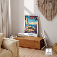 Rhodes Poster Greece displayed in cozy living room with natural decor and scenic view of Rhodes island.