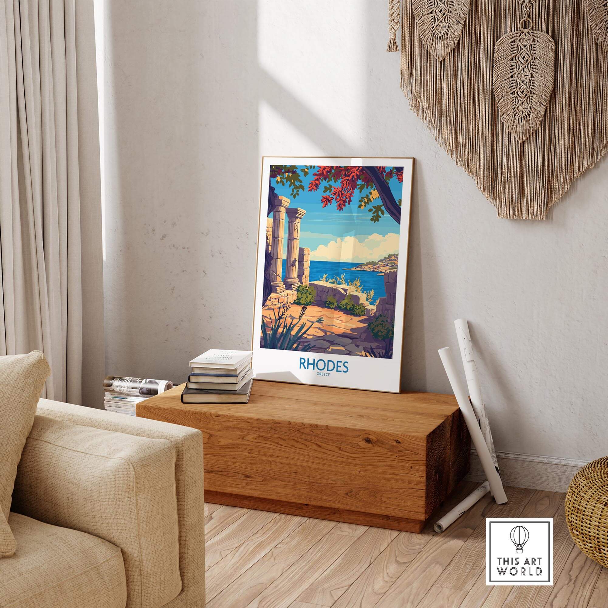 Rhodes Poster Greece displayed in cozy living room with natural decor and scenic view of Rhodes island.