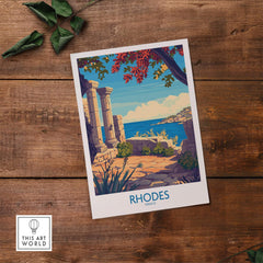 Rhodes Poster Greece featuring stunning coastal scenery and rich history of the island, perfect for home decor.