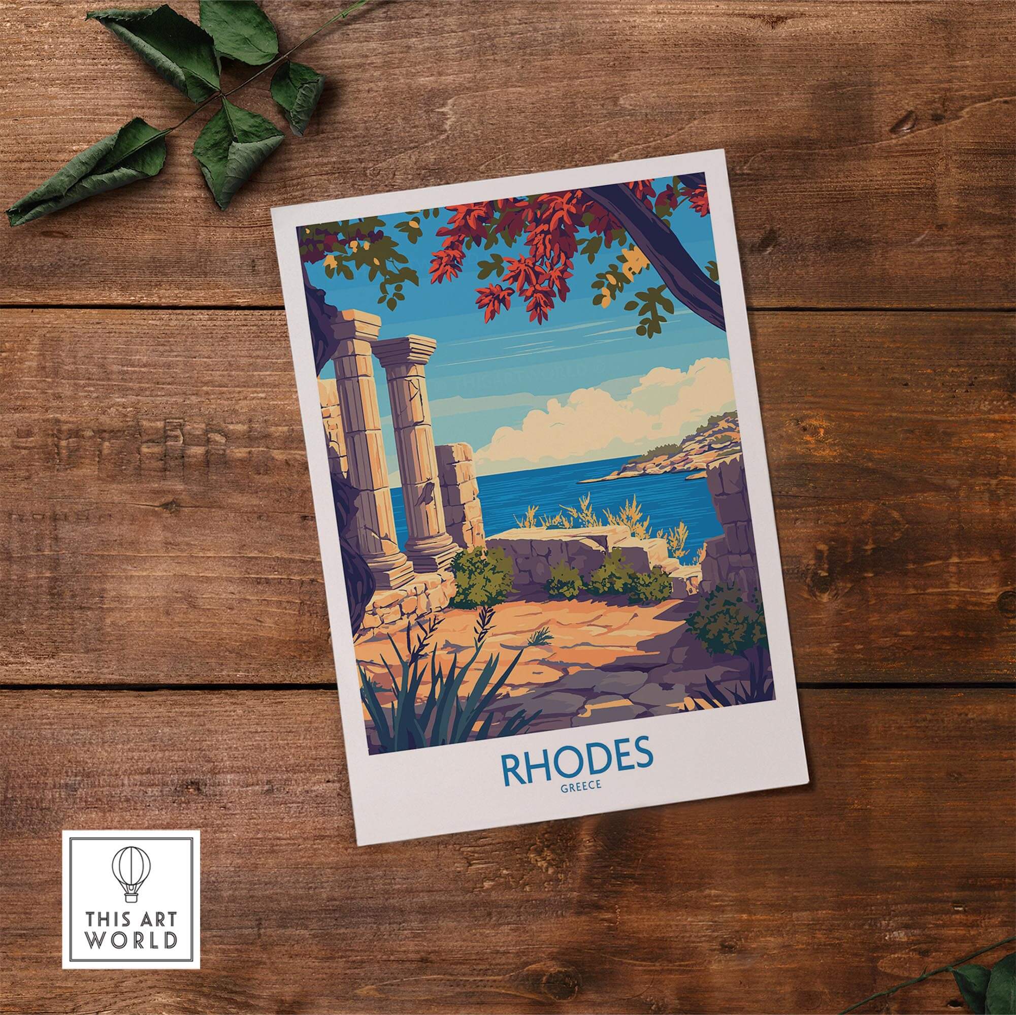 Rhodes Poster Greece featuring stunning coastal scenery and rich history of the island, perfect for home decor.