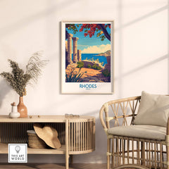 Rhodes Poster Greece displayed in a stylish setting, showcasing the stunning beauty of Rhodes island.
