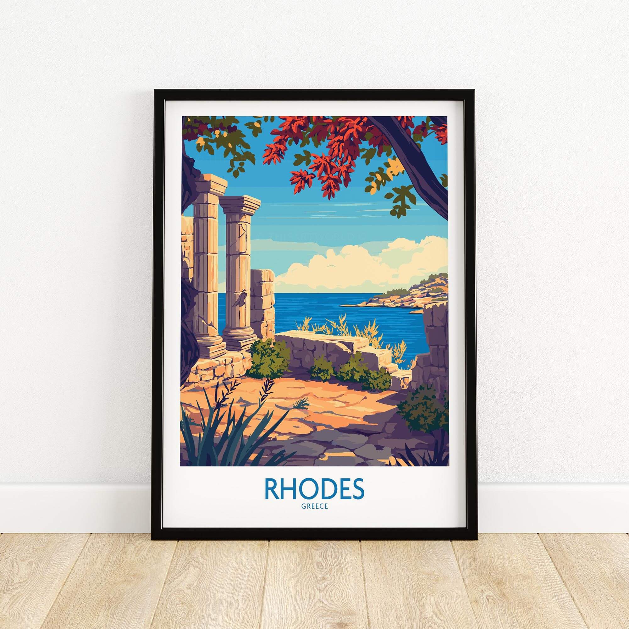Rhodes Poster Greece showcasing a vibrant landscape of Rhodes with ancient ruins and a clear blue sea.