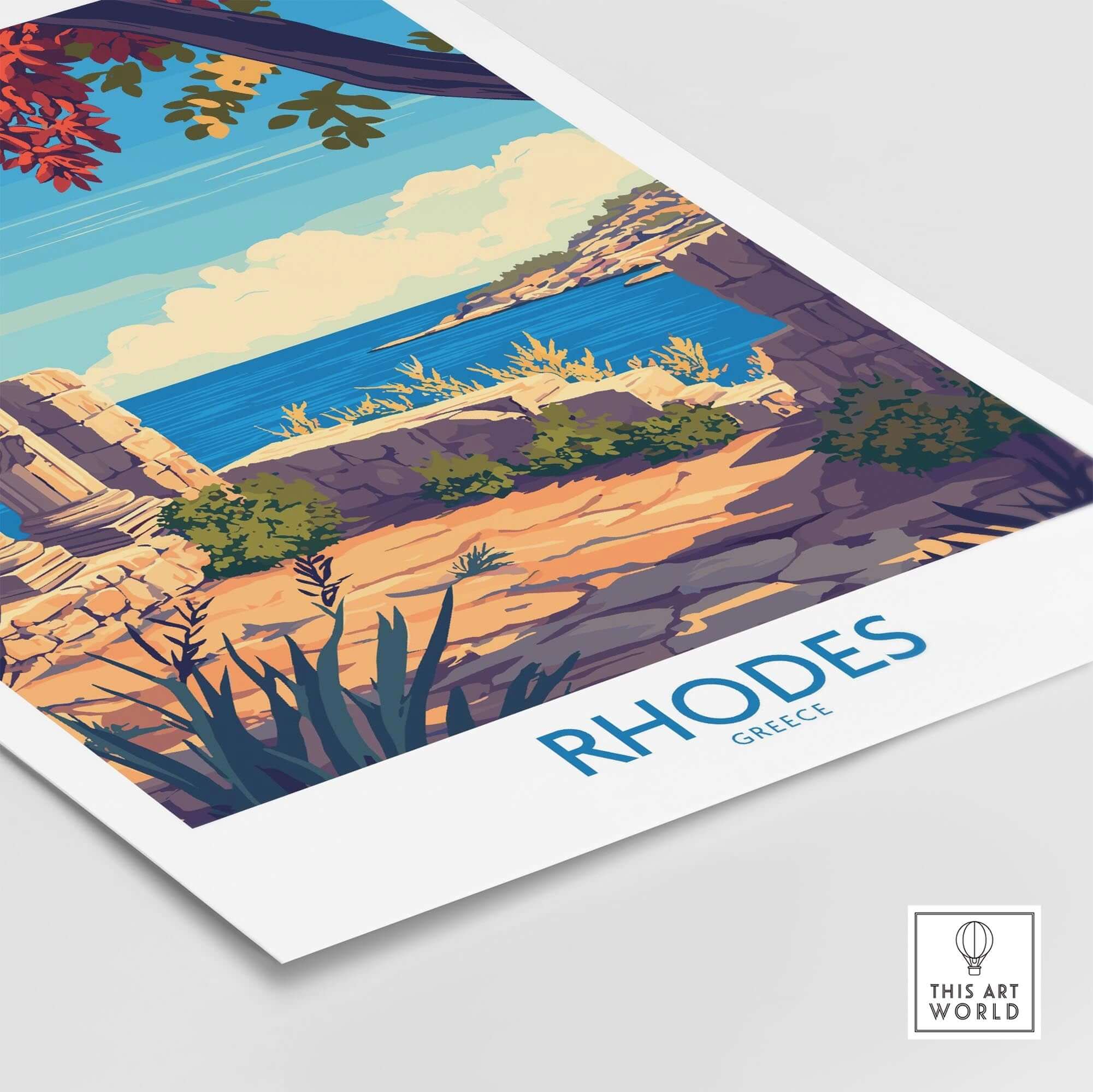 Rhodes Poster Greece showcasing the picturesque scenery and historical beauty of Rhodes island in vibrant colors.