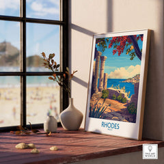Rhodes Poster Greece featuring beautiful coastal scenery and historical architecture, perfect for home decor.