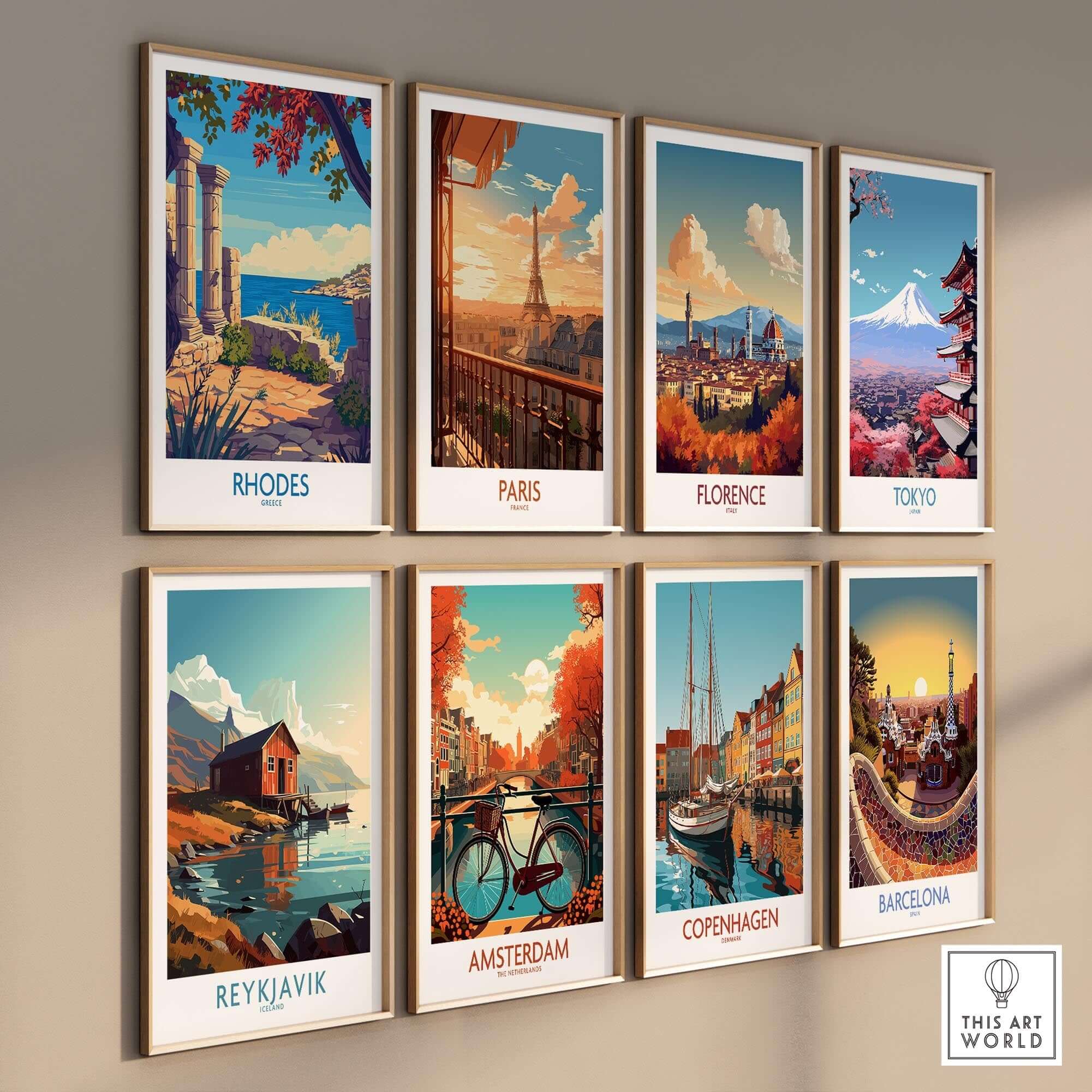 Rhodes Poster Greece showcasing iconic travel destinations in a beautiful art print collection.