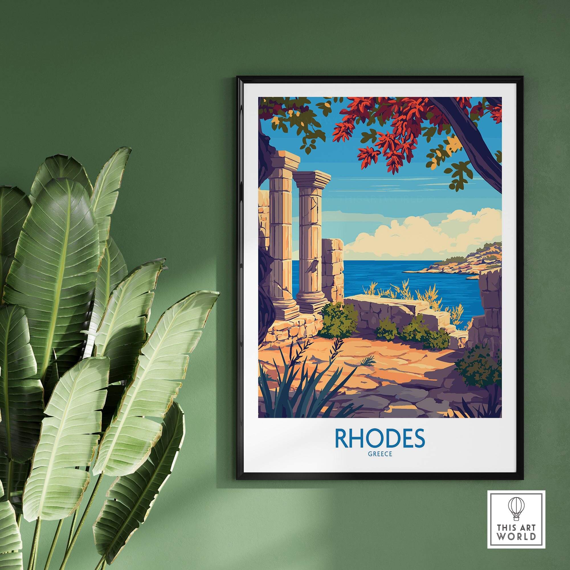 Rhodes Poster Greece featuring stunning scenery and historical architecture of Rhodes, Greece, with vibrant colors.