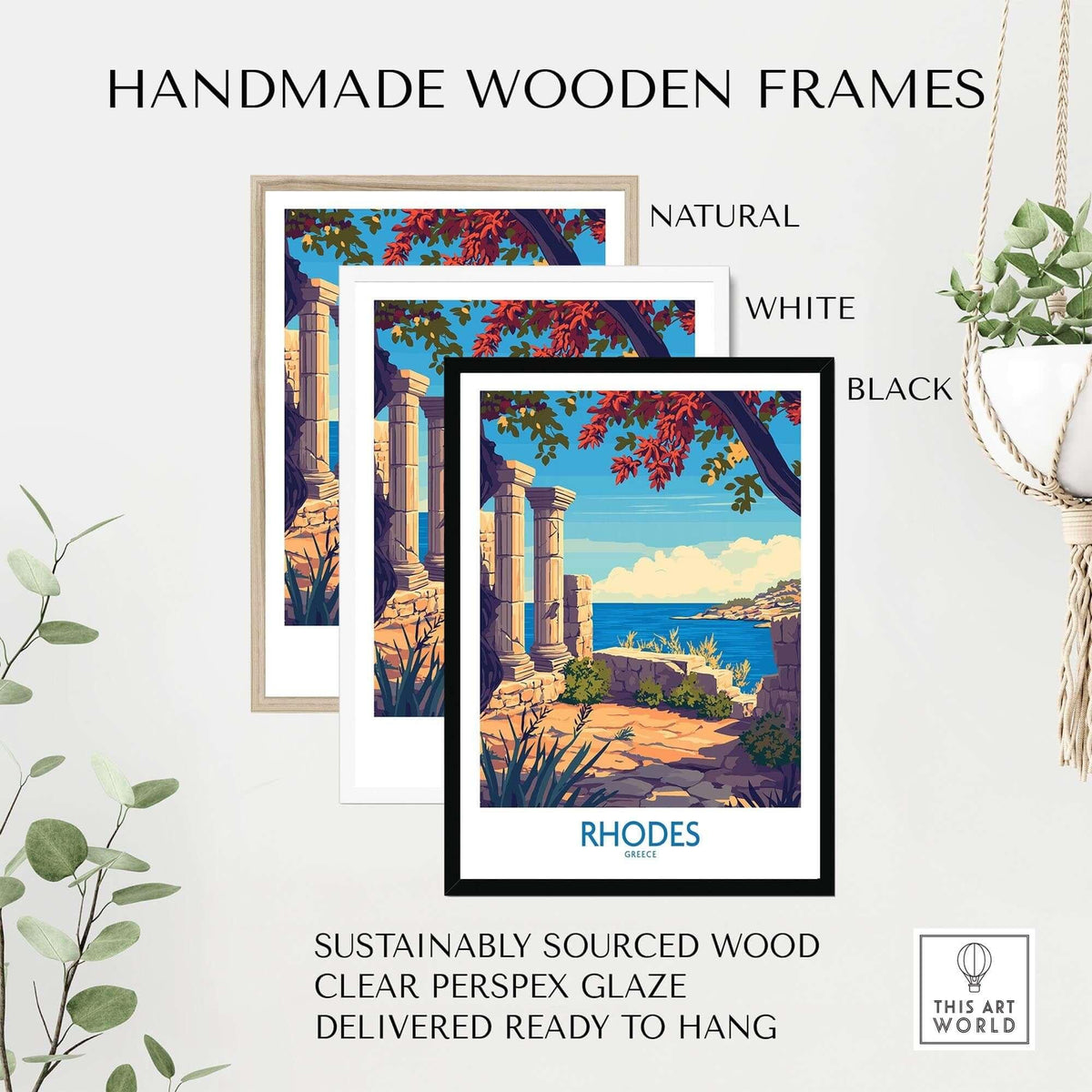 Rhodes Poster Greece displayed in handmade wooden frames in natural, white, and black finishes.
