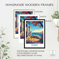 Rhodes Poster Greece displayed in handmade wooden frames in natural, white, and black finishes.