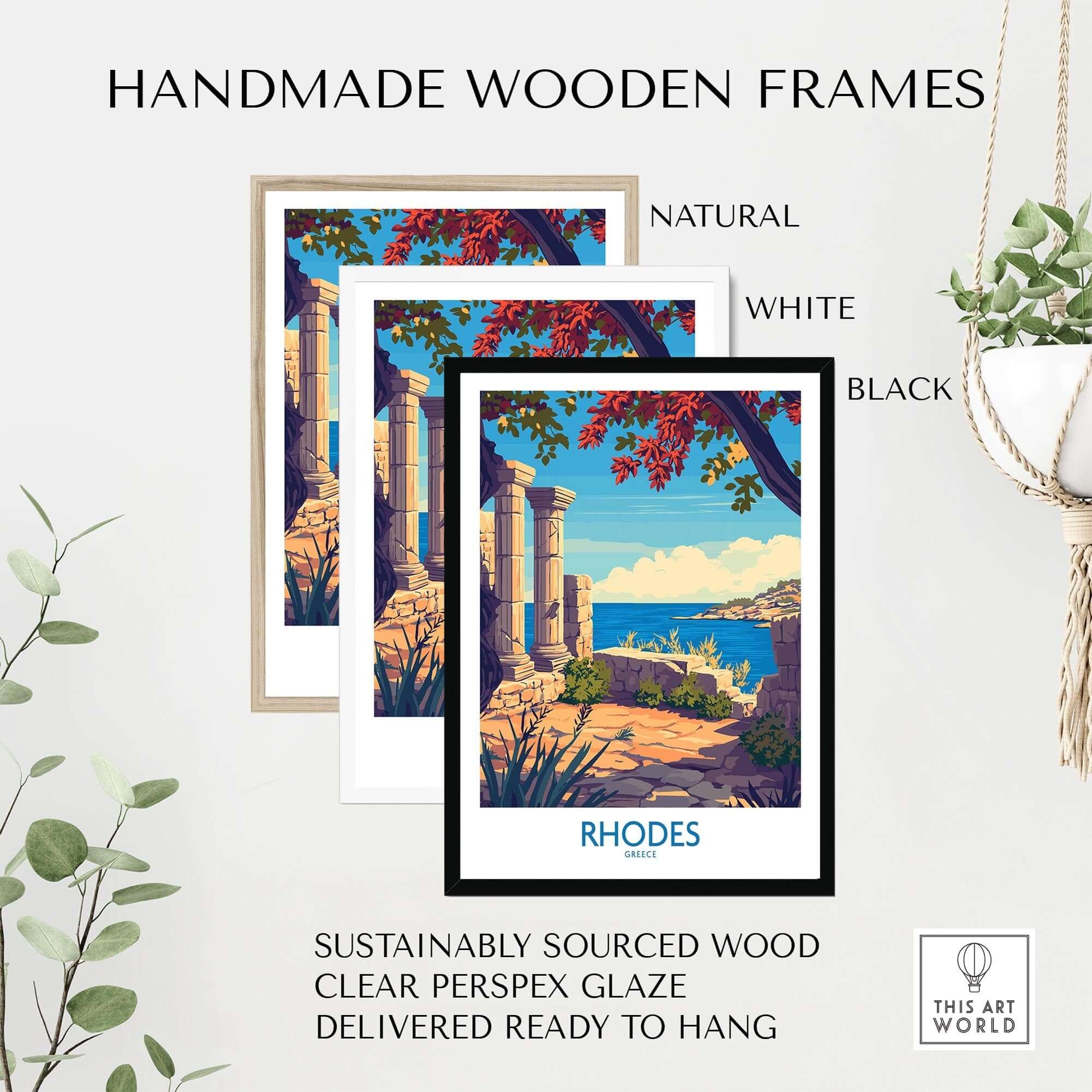 Rhodes Poster Greece displayed in handmade wooden frames in natural, white, and black finishes.