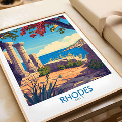 Rhodes Poster Greece depicting a scenic view of ancient ruins and the beautiful coastline of Rhodes, Greece.