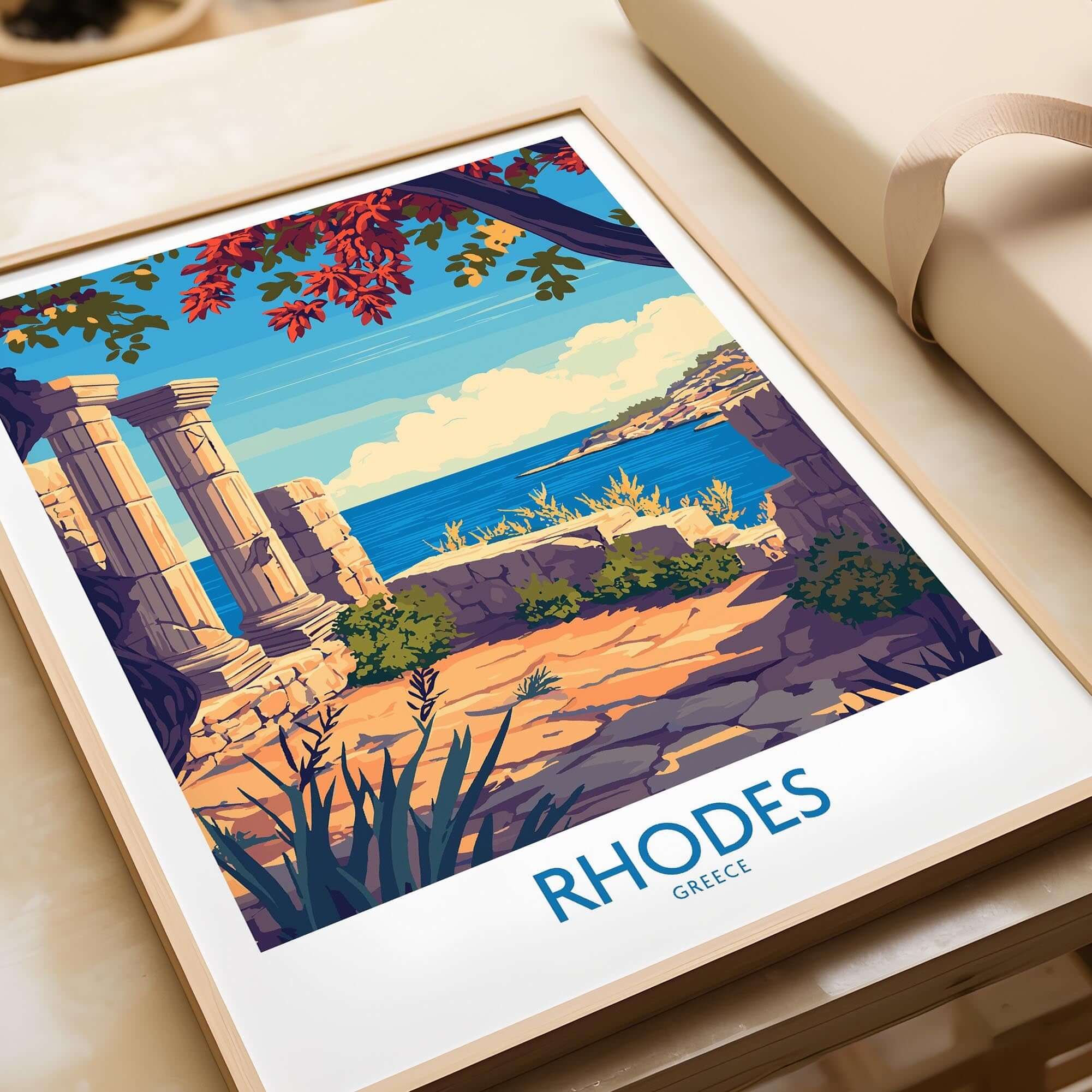 Rhodes Poster Greece depicting a scenic view of ancient ruins and the beautiful coastline of Rhodes, Greece.