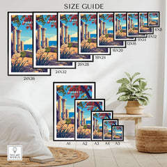 Size guide for Rhodes Print travel poster in various frame sizes, showcasing Greece's beauty.